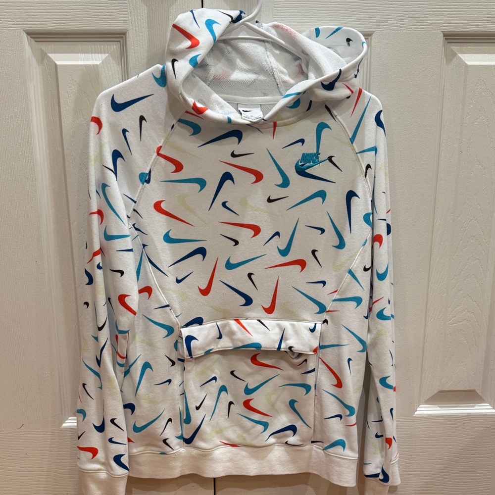 Nike White Hoodie with Colorful Swoosh Design